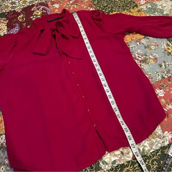 New York & Company Plum Semi Sheer Tie Neck Bow Blouse READ - Picture 12 of 14
